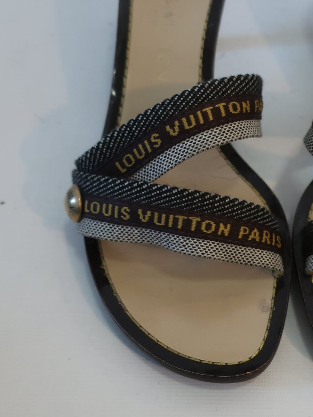 Women Louis Vuitton Revival Cloth Brown, Gray Mule Sandals 37 1/2 EU/US 7.5 - Picture 5 of 13
